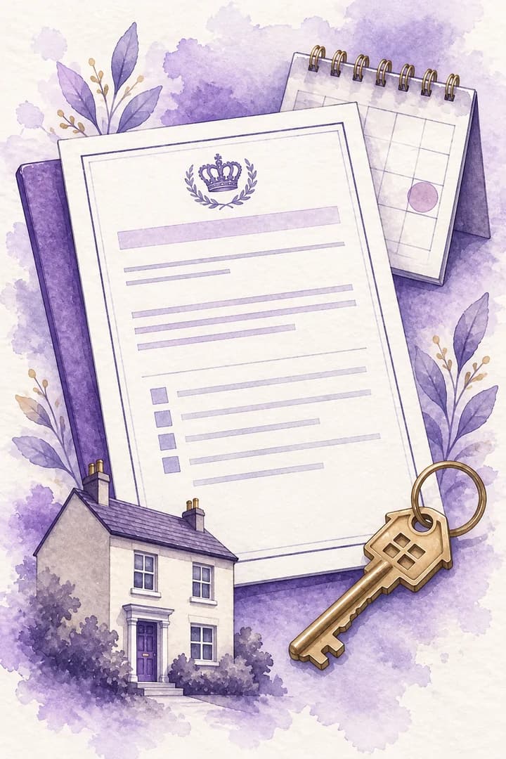 Portrait watercolour illustration of a Form 3A notice, calendar, rental home and key