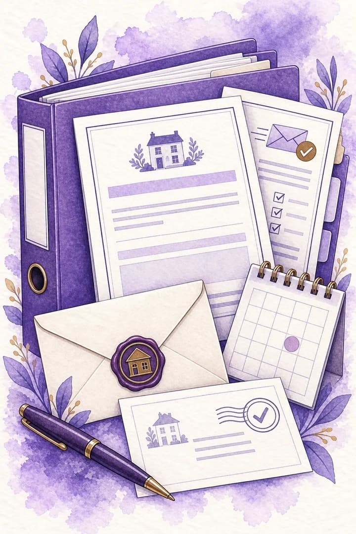Portrait watercolour illustration of an organised notice and service case file