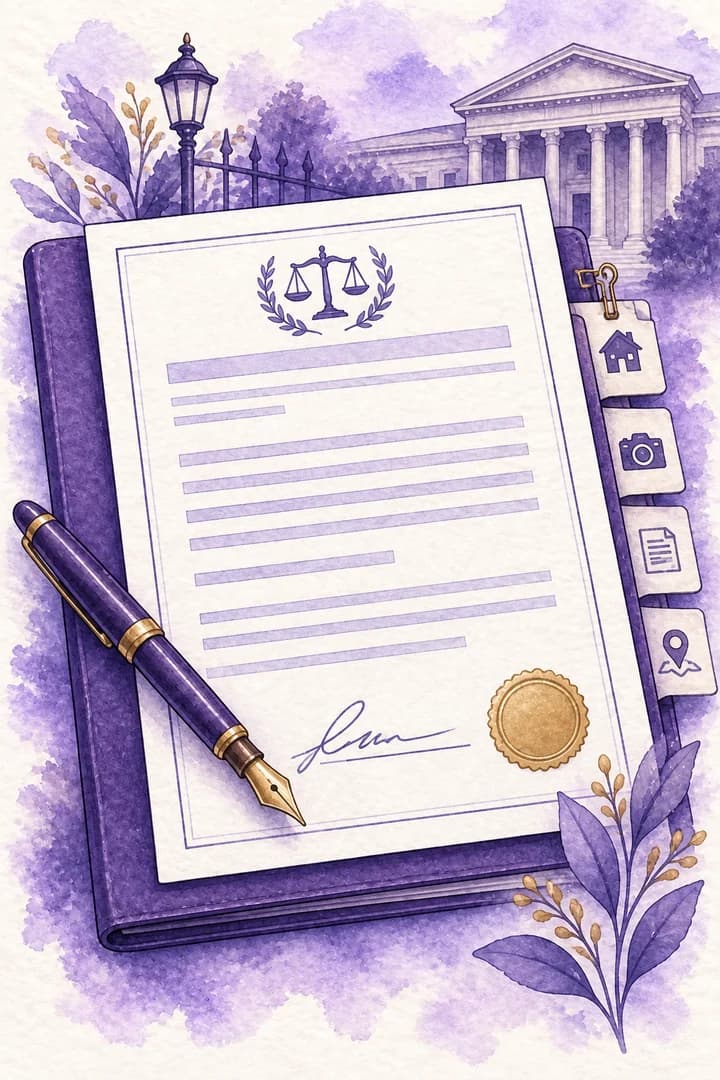 Portrait watercolour illustration of a signed witness statement with organised evidence