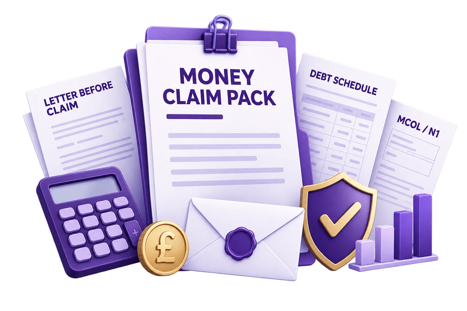 Money claim pack with letter before claim, debt schedule, MCOL and N1 paperwork