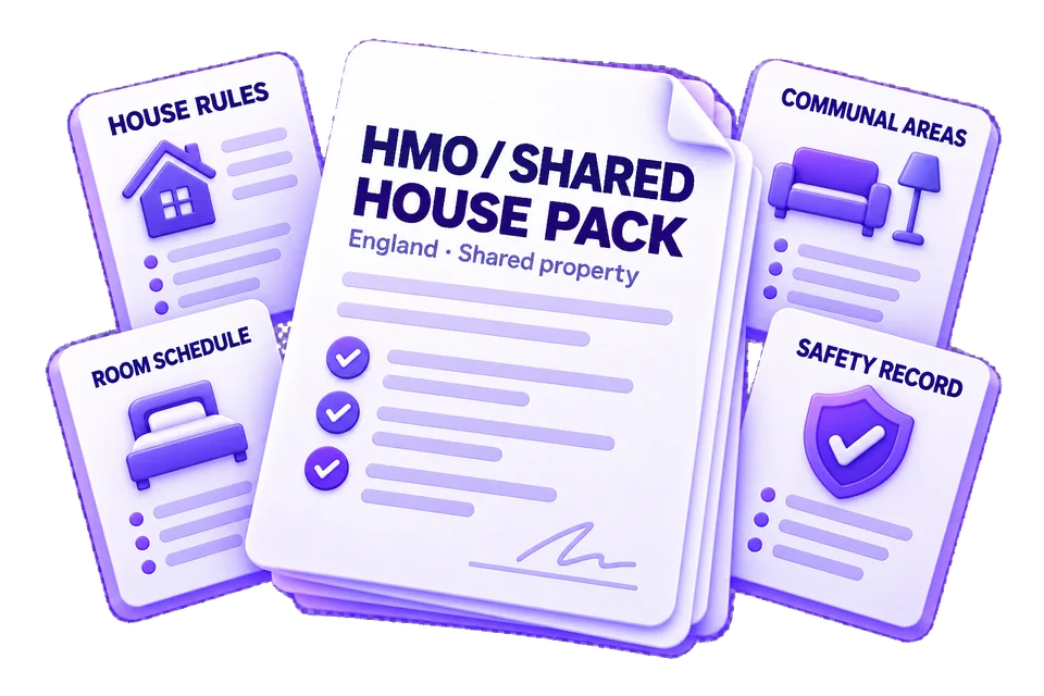 HMO and shared-house pack with house rules, communal areas, room schedule and safety records
