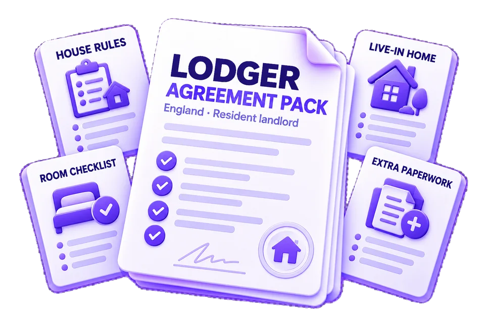 Lodger agreement pack with house rules, live-in home, room checklist and extra paperwork
